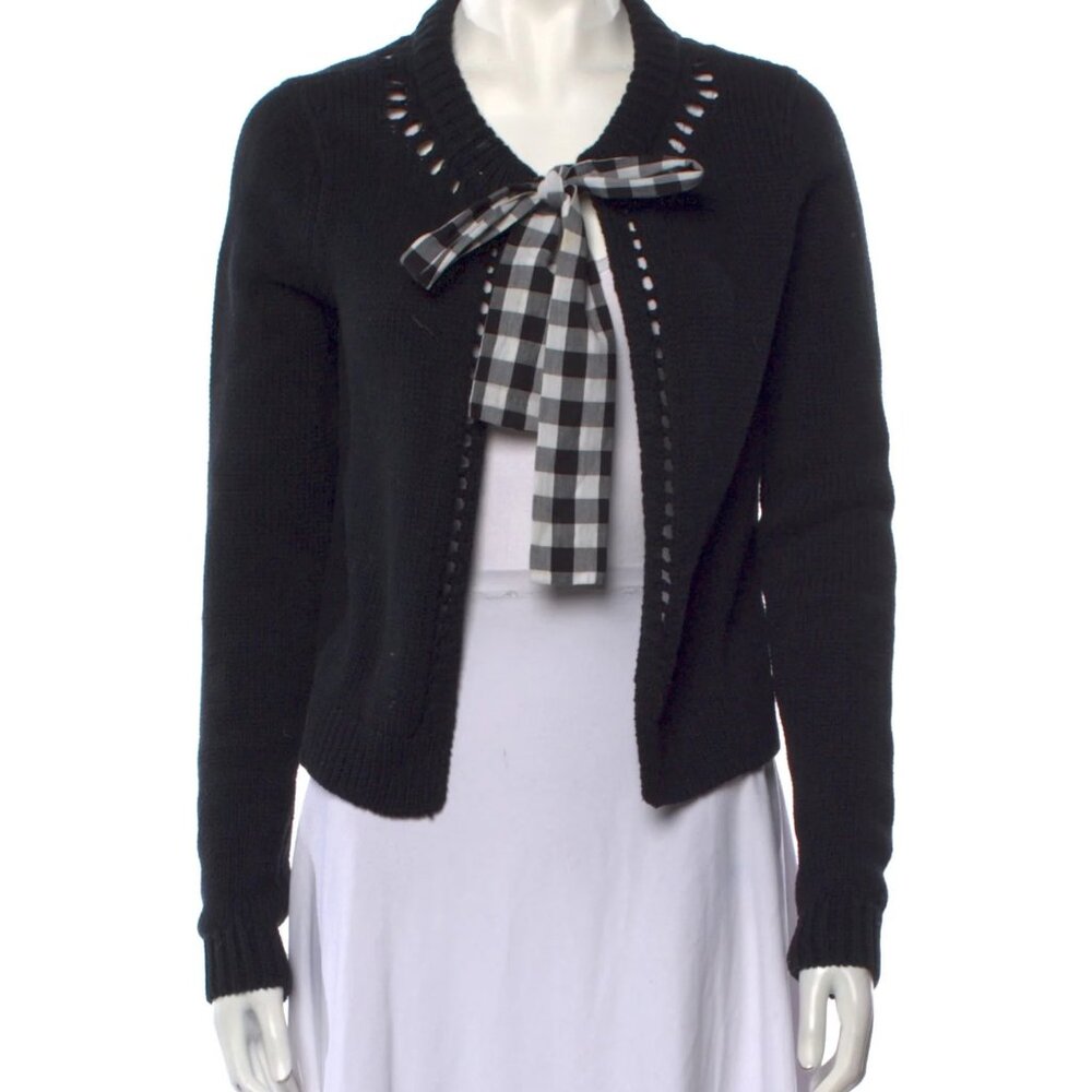 Manoush Wool Blend Cardigan Black Gingham Bow Preppy Small